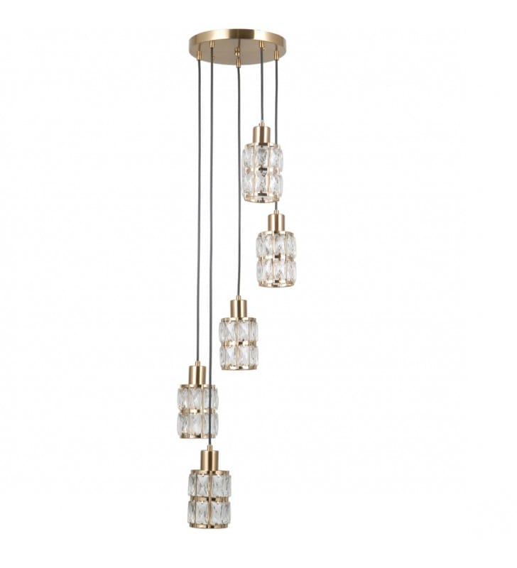 Lampa wisząca Alma złota okrągła kryształowe klosze na linkach 5xE27
