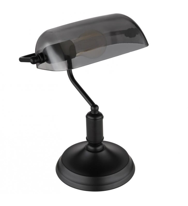 Antique czarna lampa gabinetowa typu bankierka ze szklanym kloszem