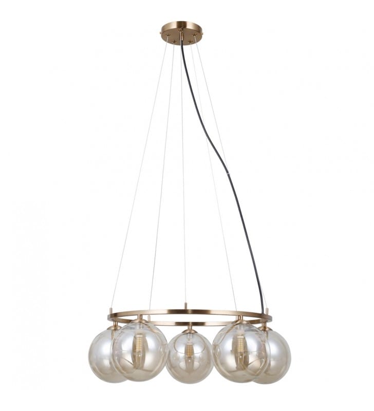 Molite złota lampa wisząca do salonu obręcz z bursztynowymi kulami ze szkła